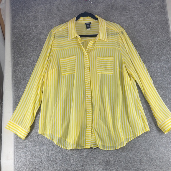 torrid Tops - Torrid Long Sleeve Button Up Semi Sheer Yellow White Striped Top Women’s 1 1X